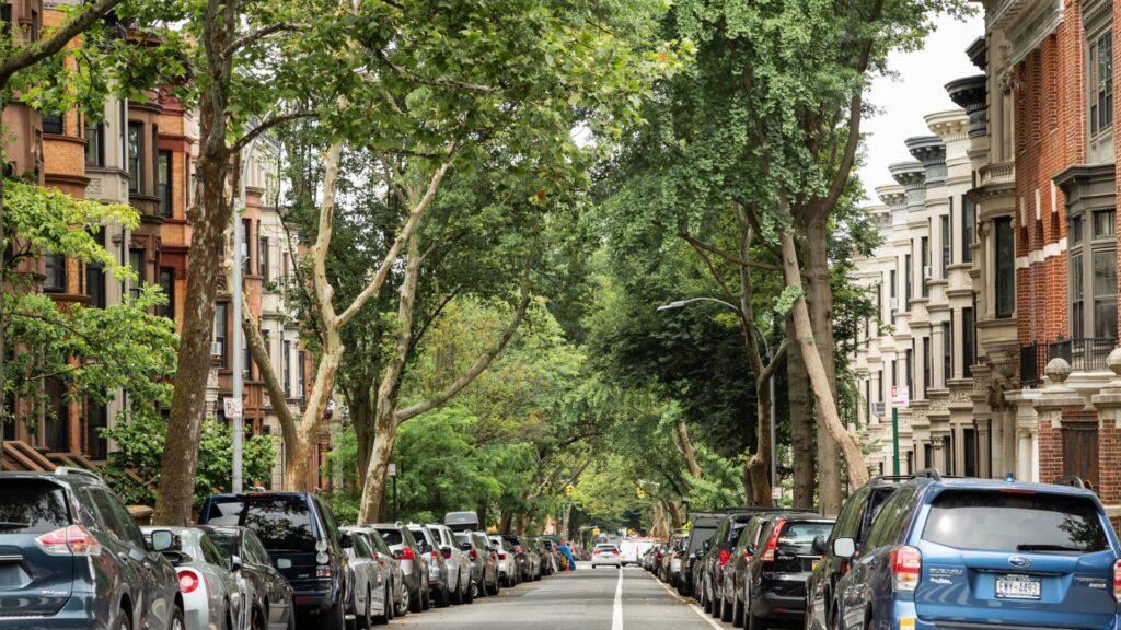 Charmosa rua arborizada no bairro de Park Slope, Nova York